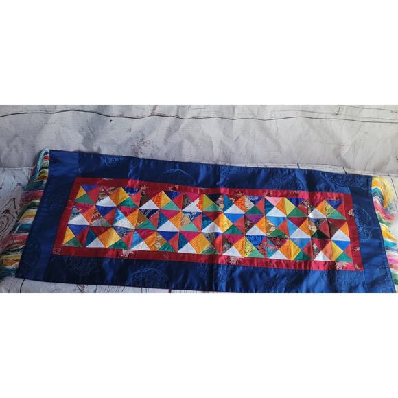 Silk Multi Color Triangle Quilted Table Runner With Fringe Possibly Handmade 36" - Picture 1 of 13